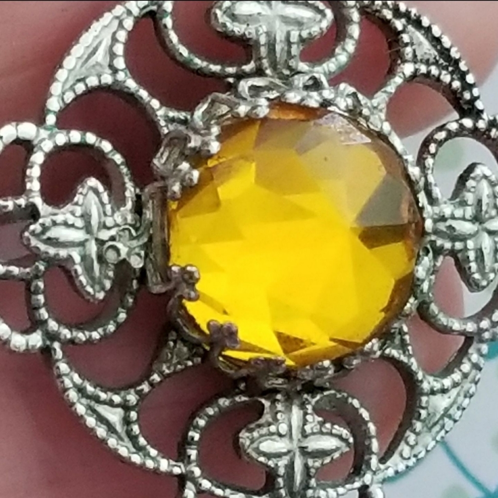 Vintage necklace yellow glass art deco silver tone filigree jewelry - Picture 11 of 12